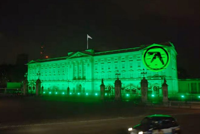 Aphex Twin logo projected onto Buckingham Palace