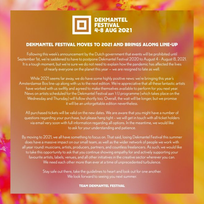 Dekmantel Festival’s 2020 edition has been postponed for a year